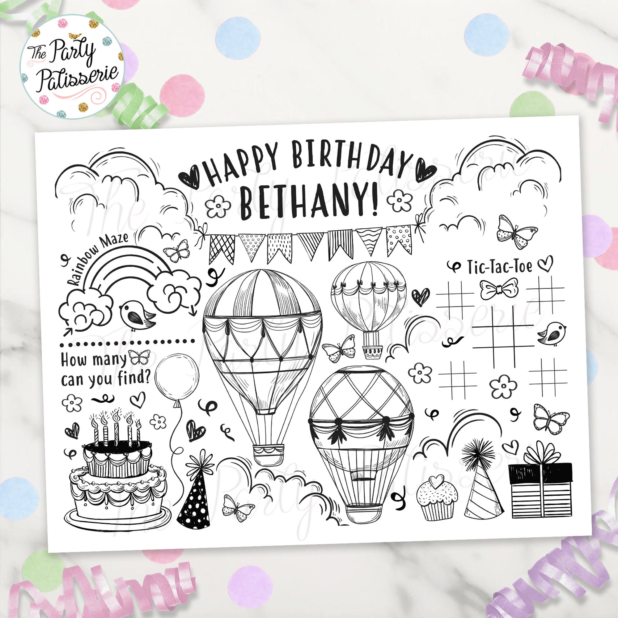 Hot air balloon coloring placemat birthday personalized digital file printable custom balloons pj party coloring matt activity mat