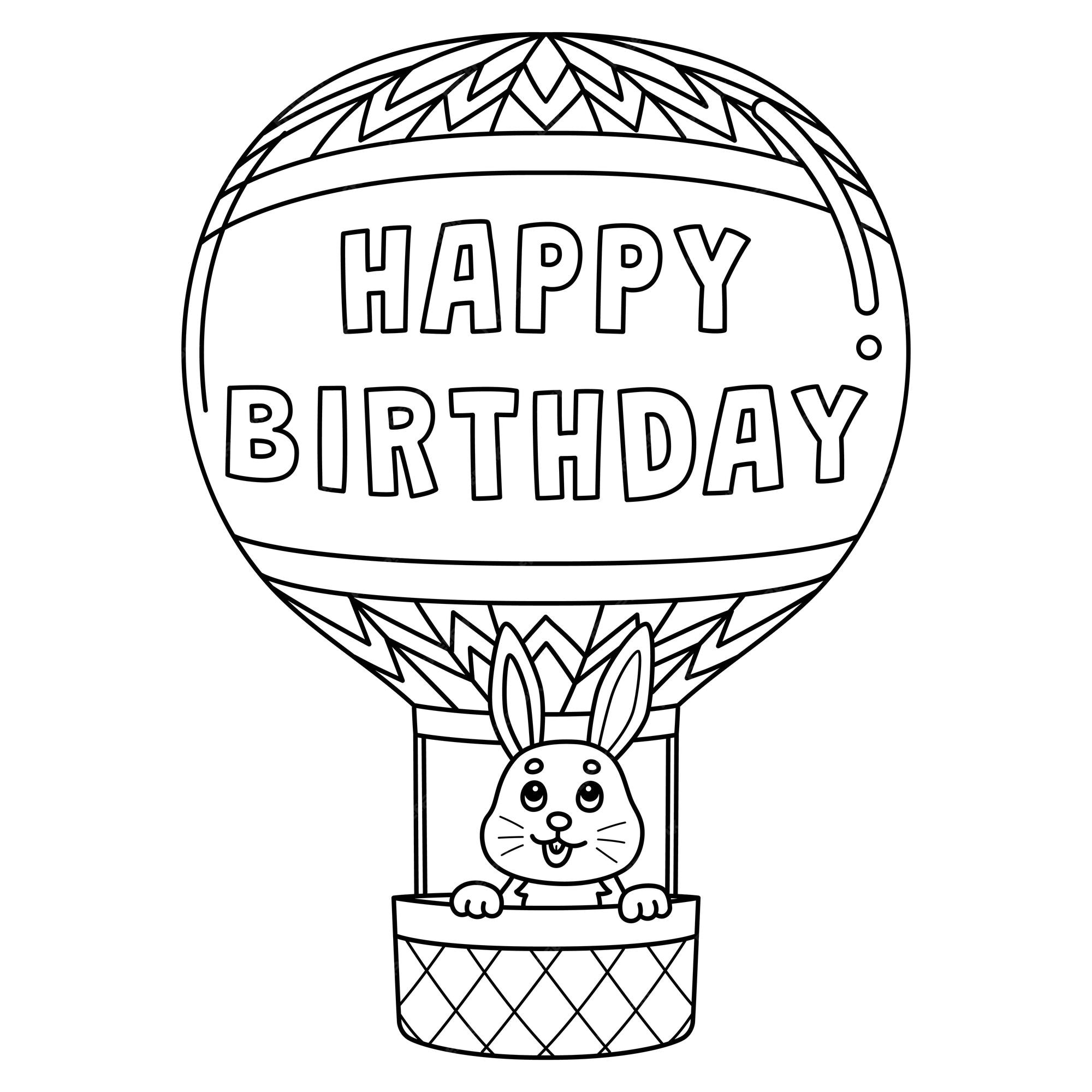 Premium vector a cute and funny coloring page of a happy birthday hot air balloon with bunny provides hours of coloring fun for children color this page is very easy suitable