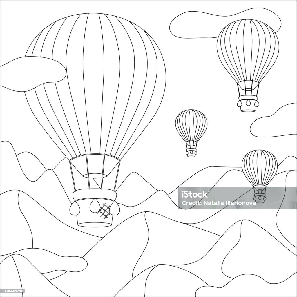 Coloring page with hot air balloons flying over the mountains and happy birthday text vector flat illustration stock illustration