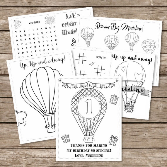 Digital hot air balloon coloring pages printable st birthday party coloring page birthday activities kids table mat coloring place mat