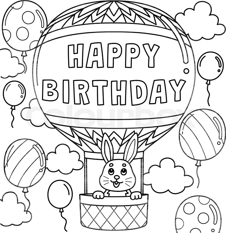 Happy birthday hot air balloon coloring page stock vector