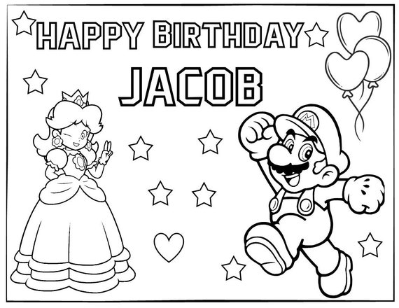 Printable super mario coloring page for birthday personalized with name active