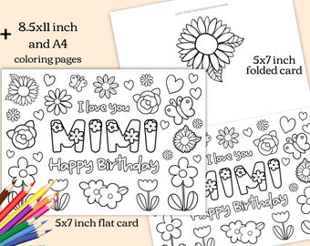 Printable coloring birthday card for mimi grandmother birthday card diy gift kids craft for grandma mimi birthday instant download card