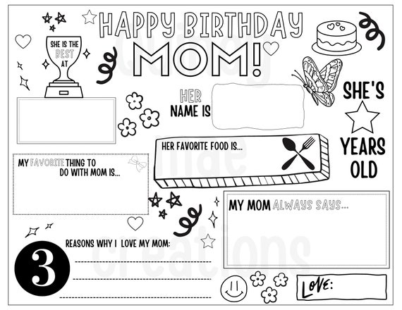 Happy birthday mom coloring page printable all about mom fill in template mothers birthday activity moms birthday printable for kids instant download