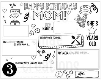 Happy birthday mom coloring page printable all about mom fill in template mothers birthday activity moms birthday printable for kids instant download