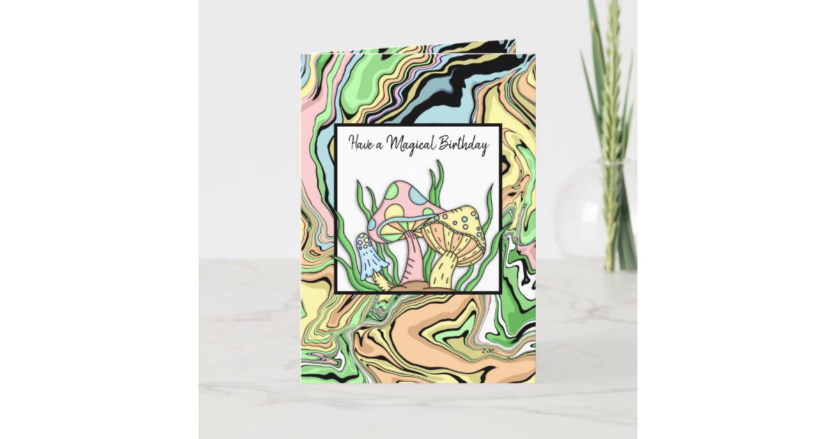 Happy birthday retro mushrooms and coloring page card