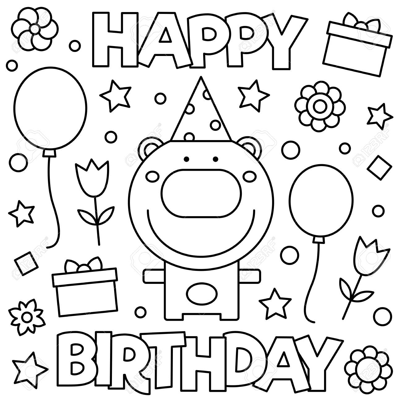 Happy birthday coloring page black and white vector illustration royalty free svg cliparts vectors and stock illustration image