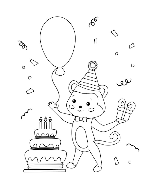 Premium vector happy birthday coloring page cute cartoon monkey with gift balloon and cake