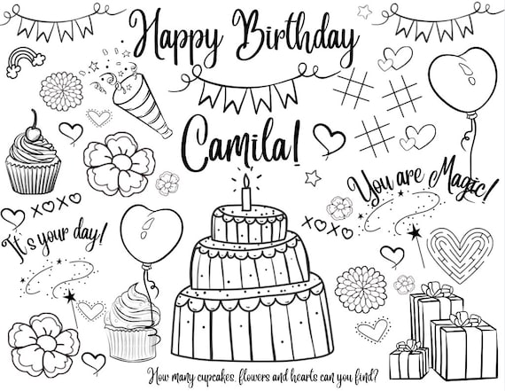 Customized printable birthday coloring page happy birthday coloring page placemat activity sheet party favor birthday party activity