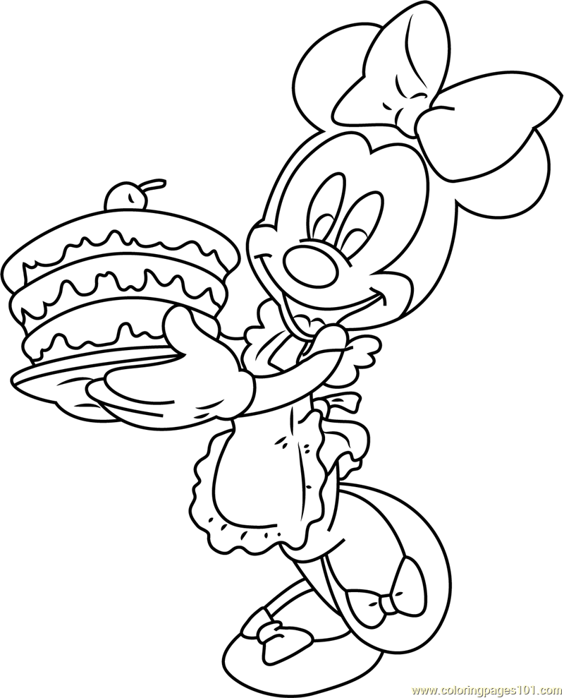 Minnie mouse with birthday cake coloring page for kids