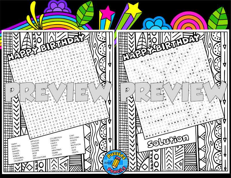 Happy birthday word search puzzle activity page with colouring wordsearch teaching resources