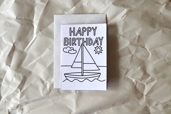 Happy birthday coloring card for kids who loves boats and coloring pages printable birthday card for sailboat lovers instant download