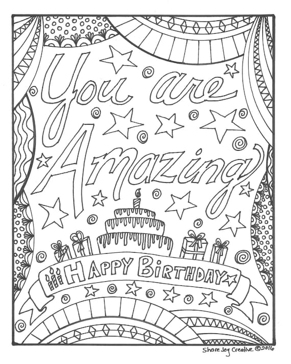 Happy birthday coloring page you are amazing printable coloring page downloadable pdf cake coloring page