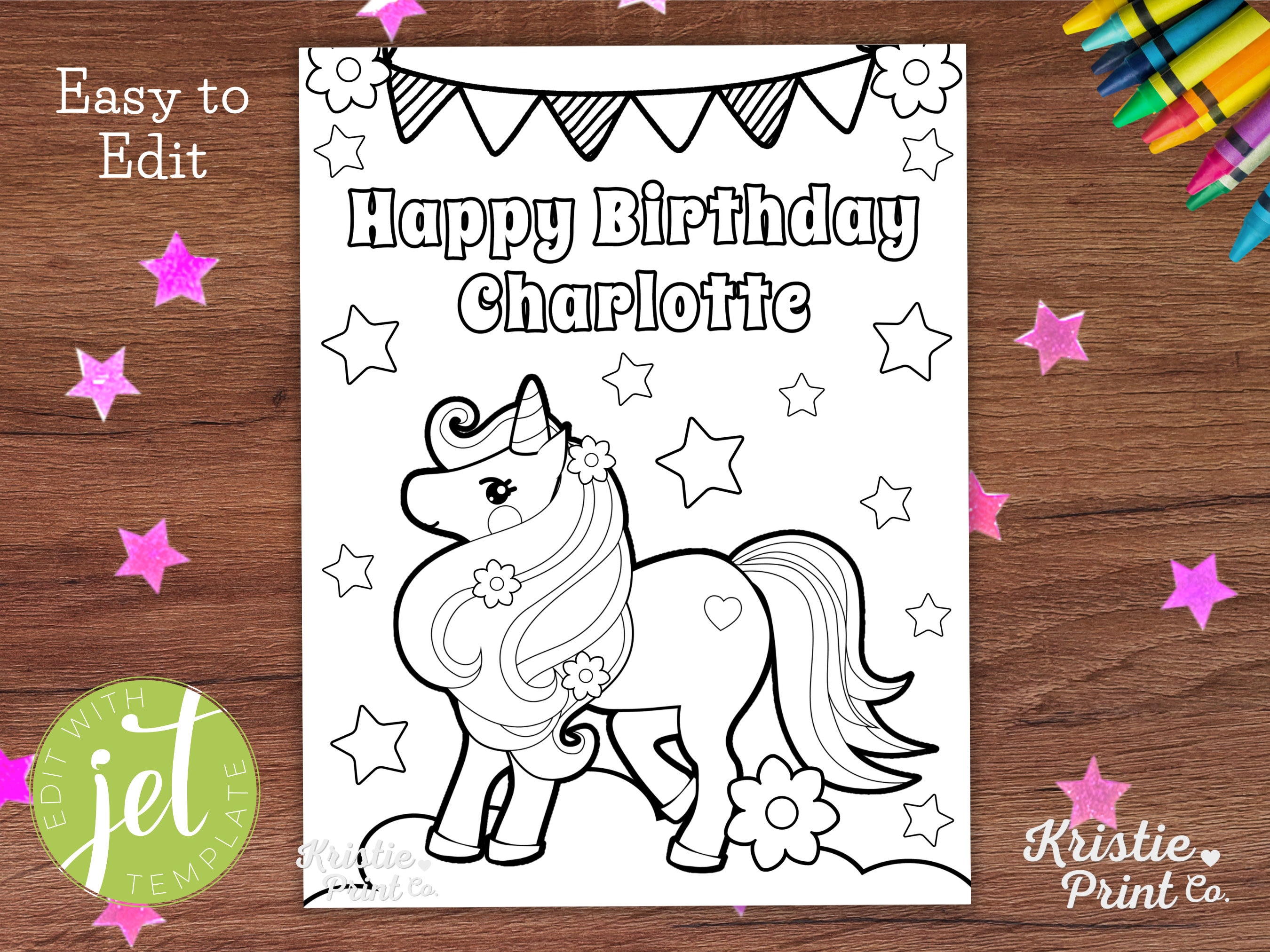 Editable happy birthday unicorn coloring page happy birthday coloring page with name unicorn birthday favors kids party games printable