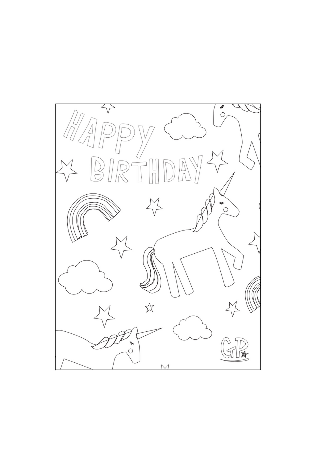 Unicorn birthday colouring page