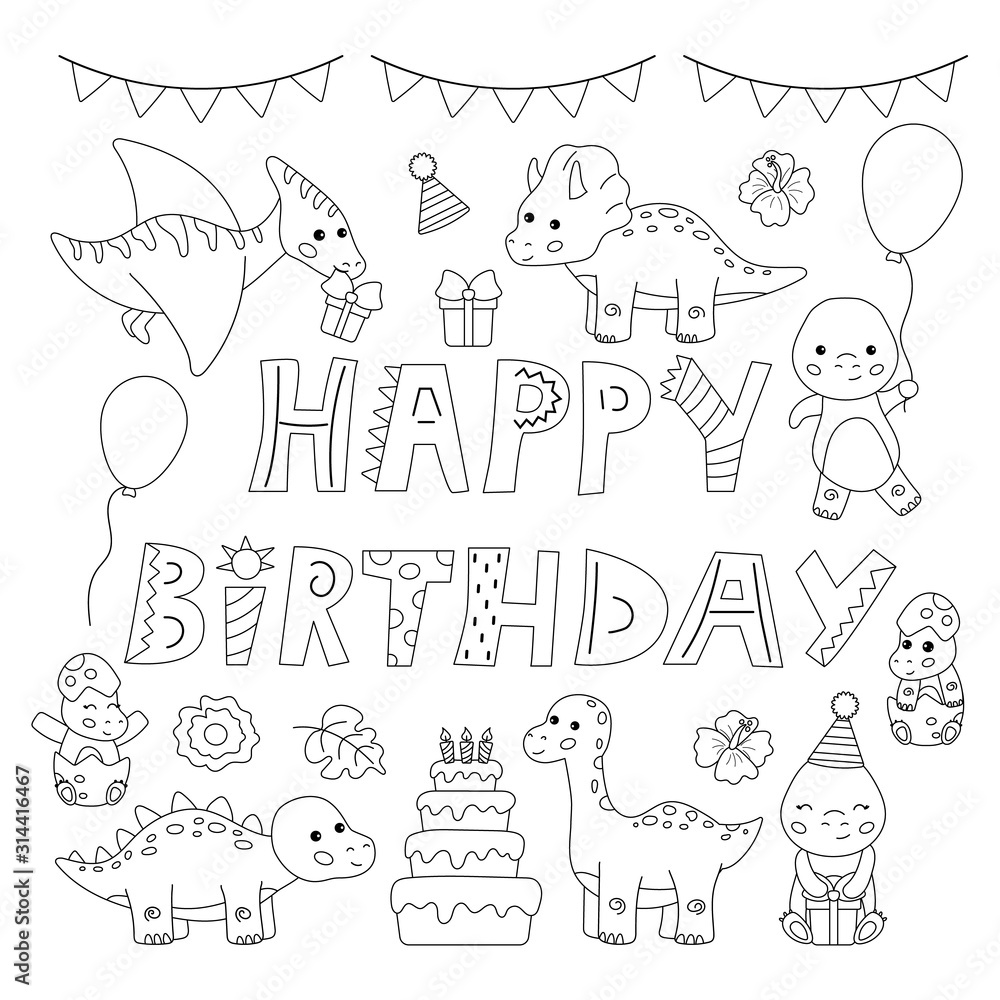 Kawaii cartoon dinosaurs happy birthday coloring page greeting card black and white vector illustration vector