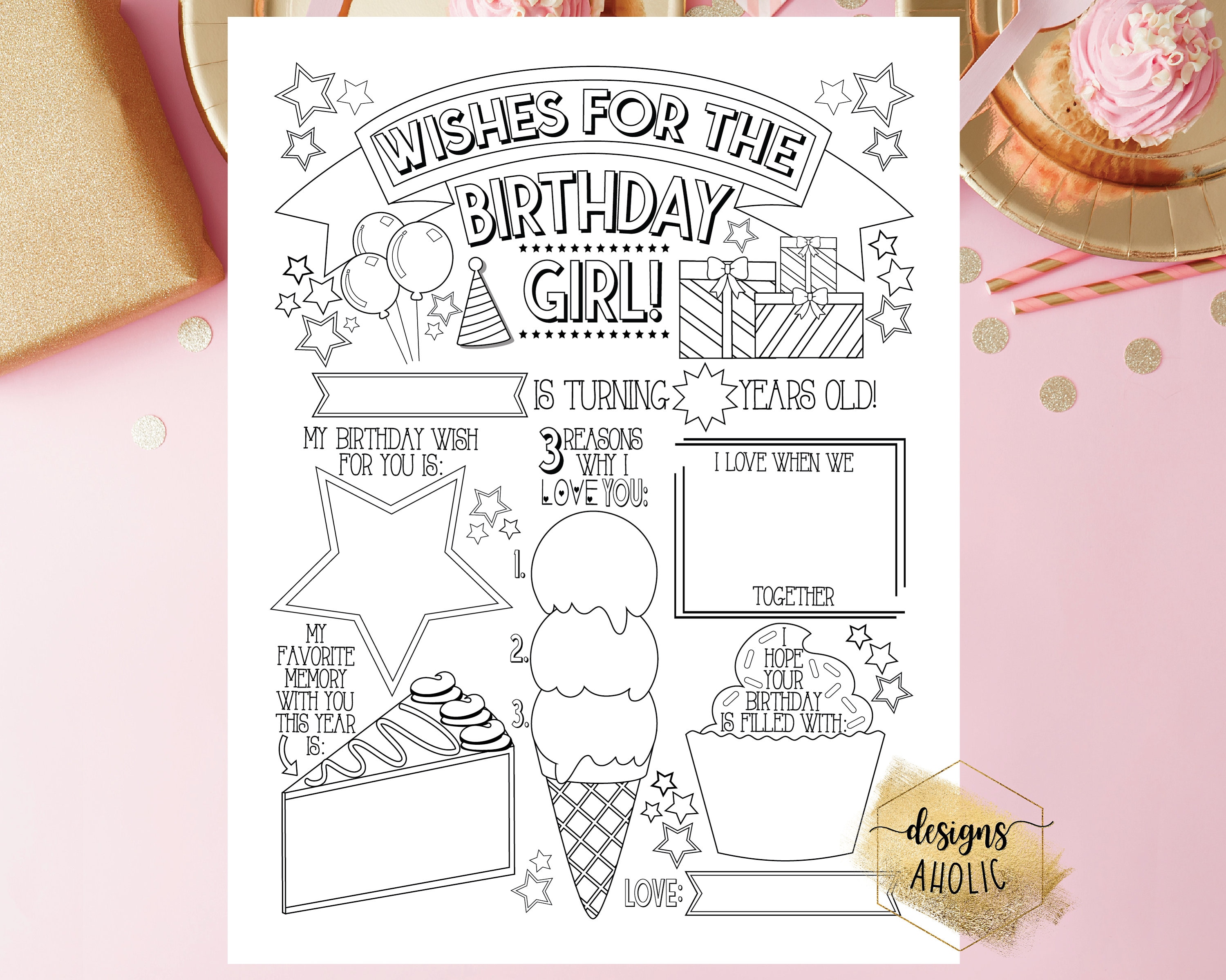 Printable birthday wishes coloring page fill in birthday wishes for birthday boy girl birthday mad libs birthday card template