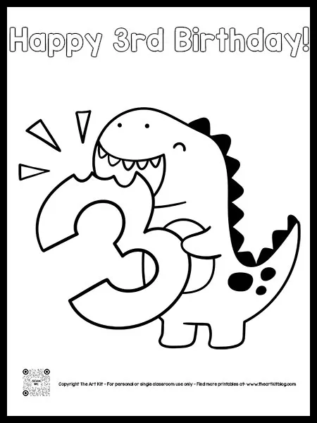 Happy rd birthday dinosaur coloring page free printable in bubble font â the art kit