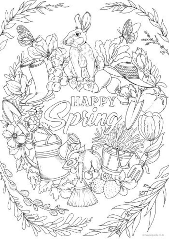 Happy spring printable adult coloring page from favoreads coloring book pages for adults and kids coloring sheets coloring designs