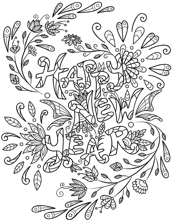 Printable floral happy new year adult coloring page