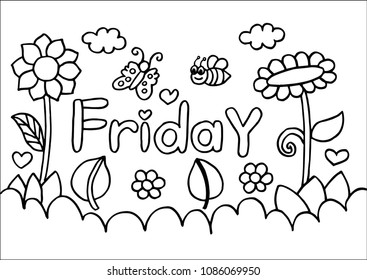 Friday text nature coloring page stock vector royalty free