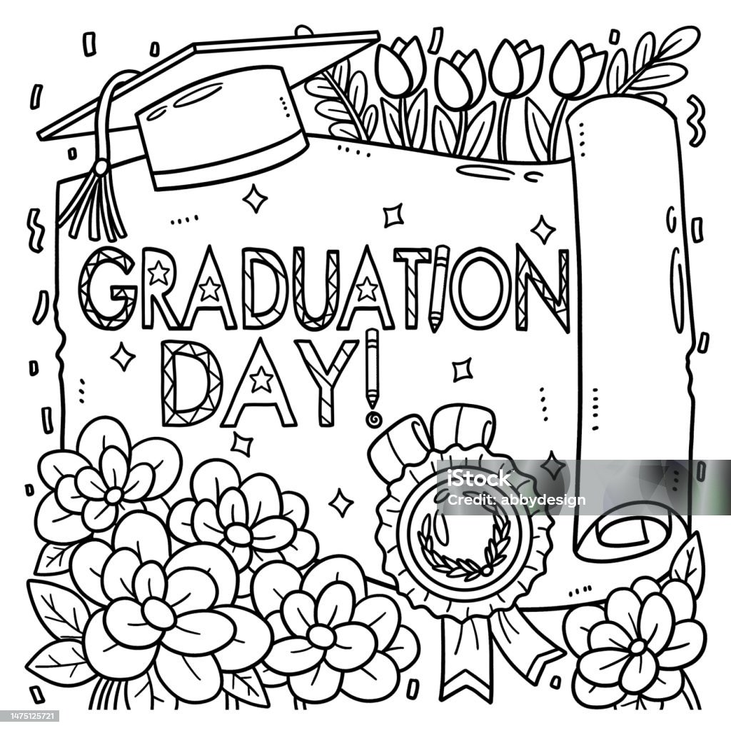 Graduation day coloring page for kids stock illustration