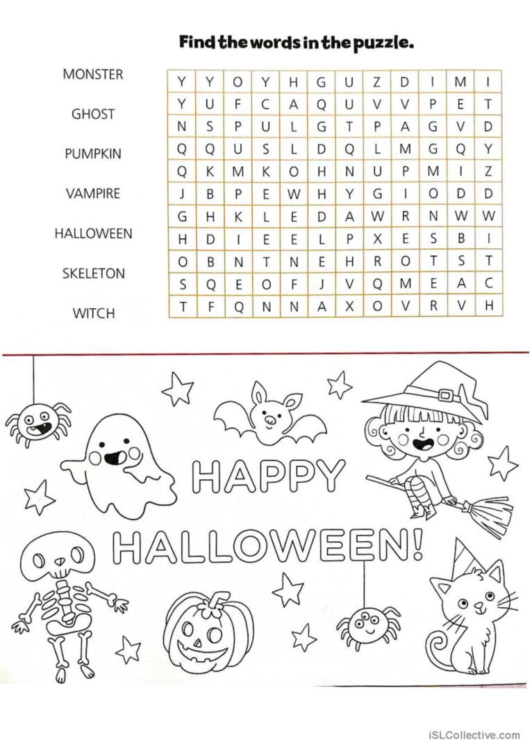 Hallowe puzzle and colourinâ glish esl worksheets pdf doc