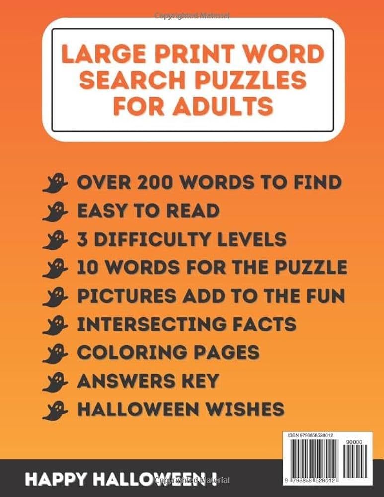 Halloween word search puzzle book for adults large print happy halloween day word find with solutions exercise your brain with difficulty levels and seniors coloring pages and