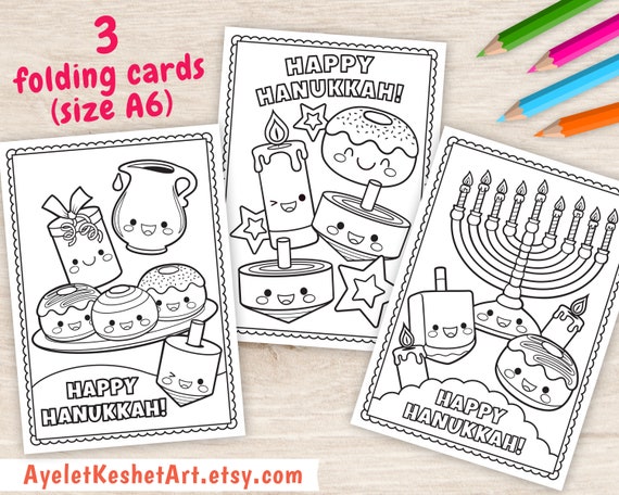 Hanukkah cards to color coloring pages of happy hanukkah card cute kawaii printable greeting cards instant download pdf