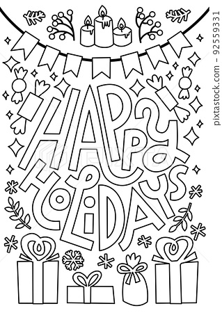 Happy holidays coloring book page black and