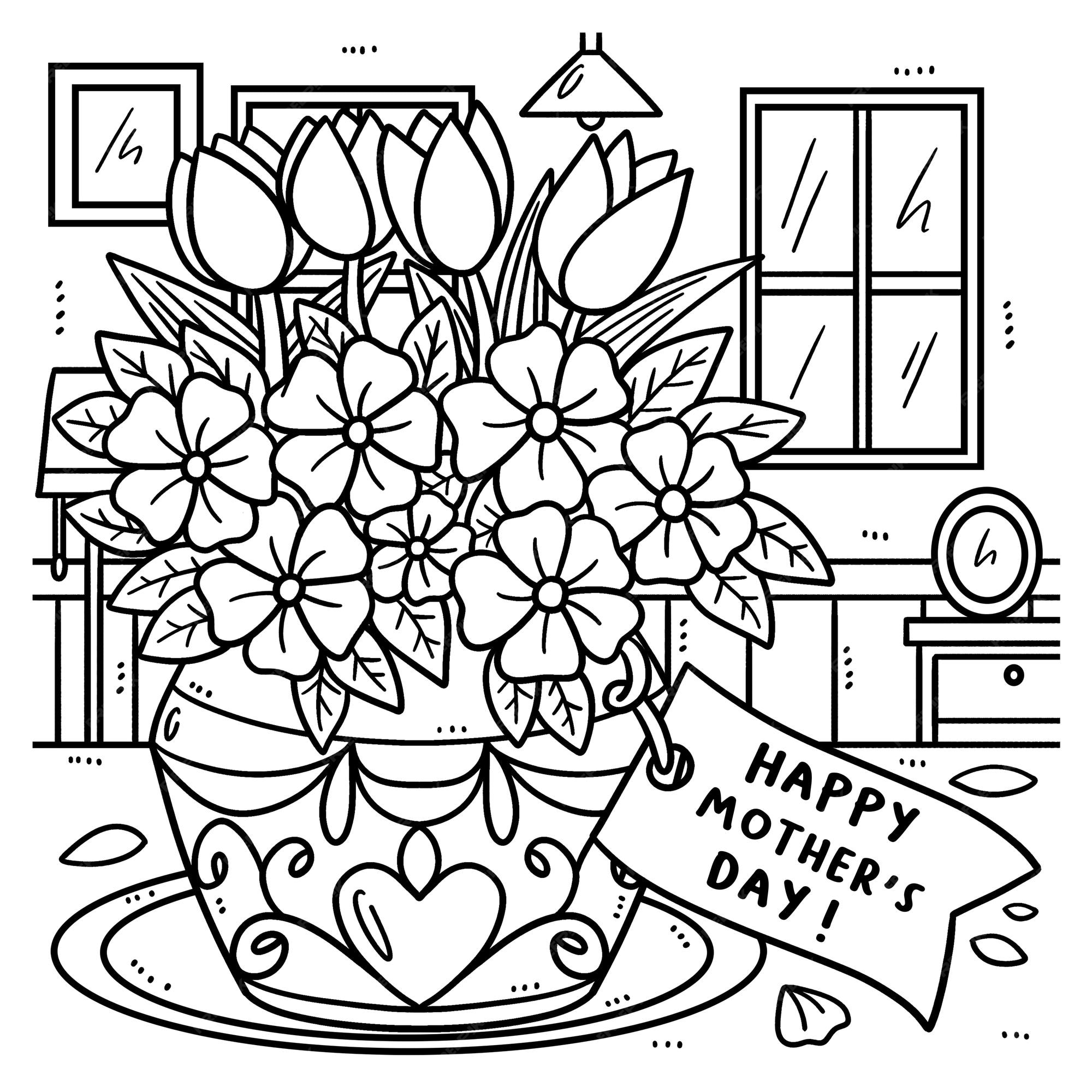 Premium vector mothers day flowers and greeting card coloring