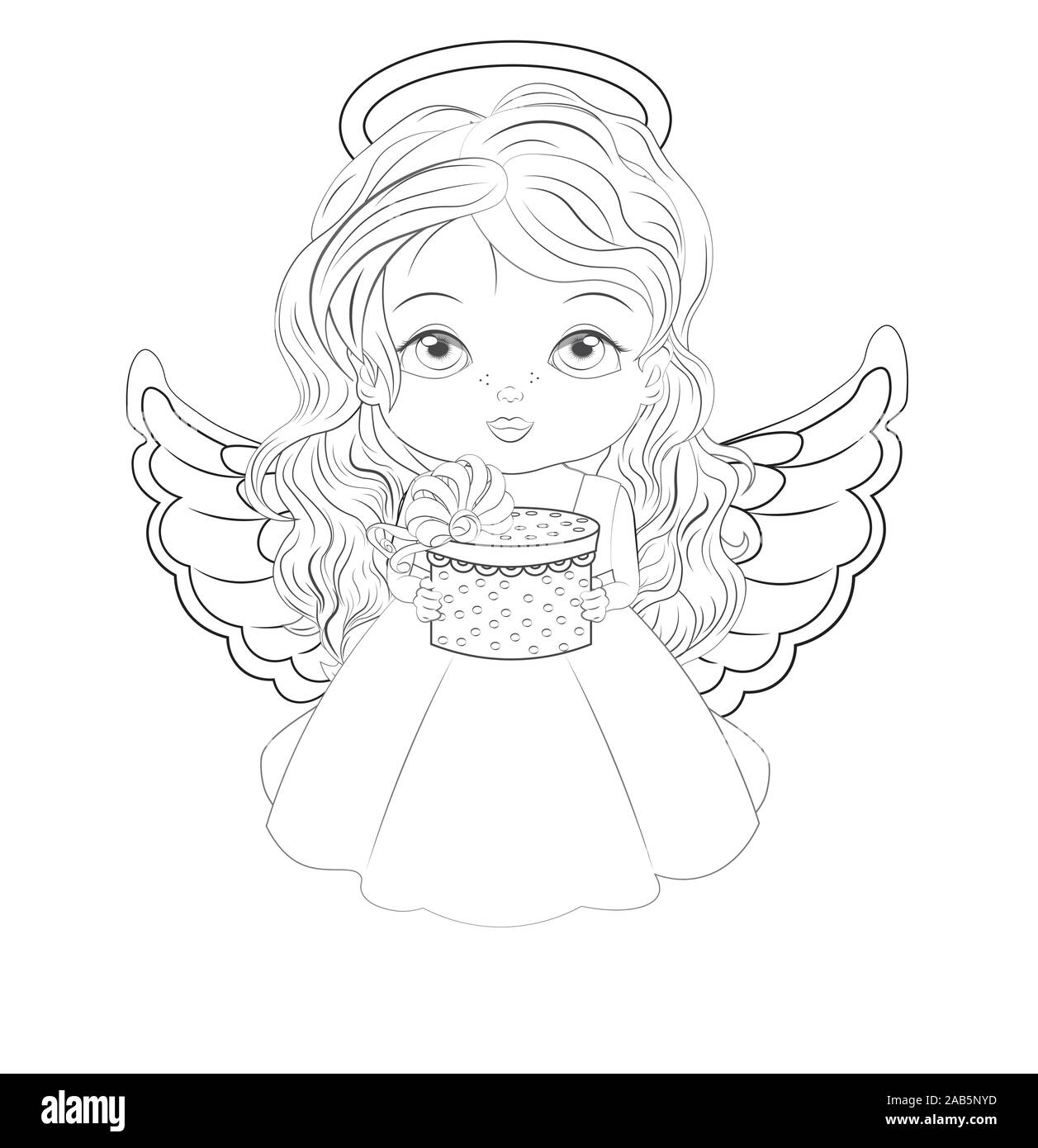 Coloring book beautiful little baby girl christmas angel in white dress with gift picture in hand drawing style for happy new year greeting card stock vector image art