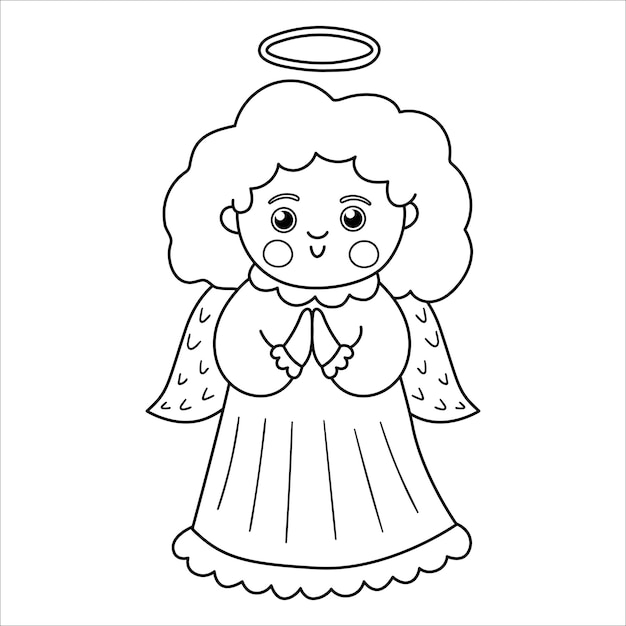 Premium vector vector black and white angel with curly hair and halo cute winter saint character line illustration or coloring page funny outline icon for christmas new year or winter designxa