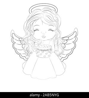 Coloring book beautiful little baby girl christmas angel in white dress with gift picture in hand drawing style for happy new year greeting card stock vector image art