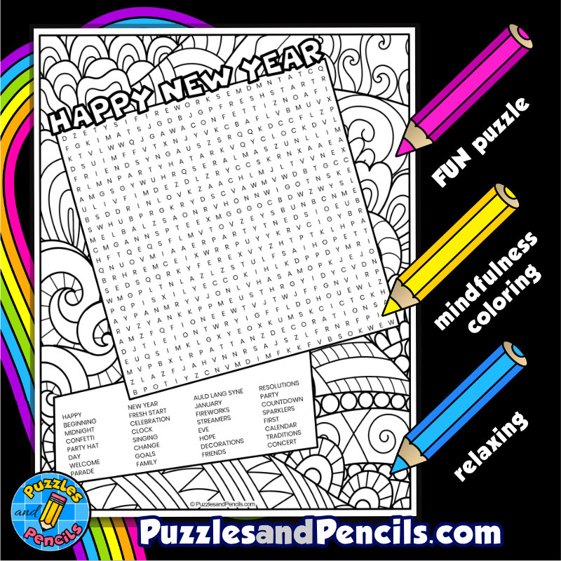 Happy new year word search puzzle activity page with coloring made by teachers