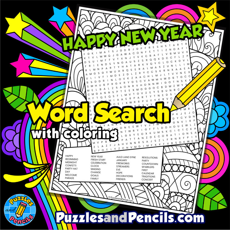 Happy new year word search puzzle activity page with coloring made by teachers