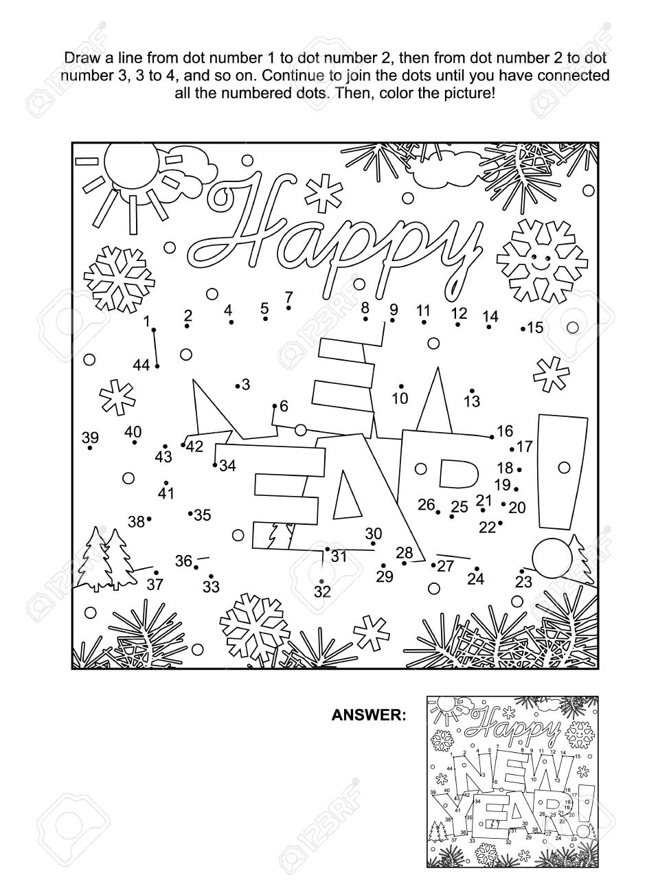 Winter holidays themed connect the dots picture puzzle and coloring page