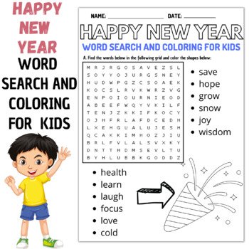 Happy new year coloring and word search puzzles worksheets activities for kids