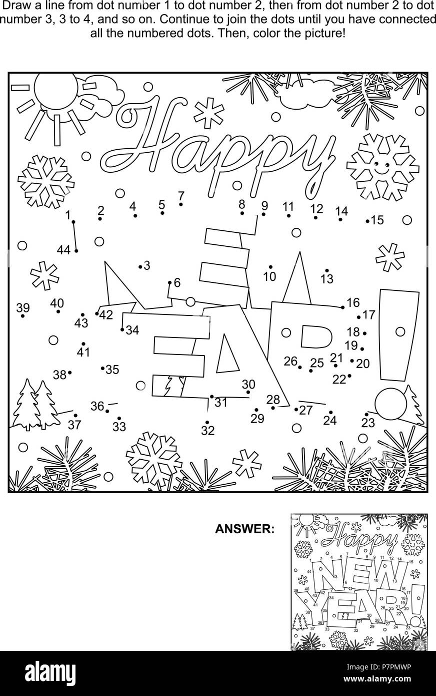 Winter holidays themed connect the dots picture puzzle and coloring page