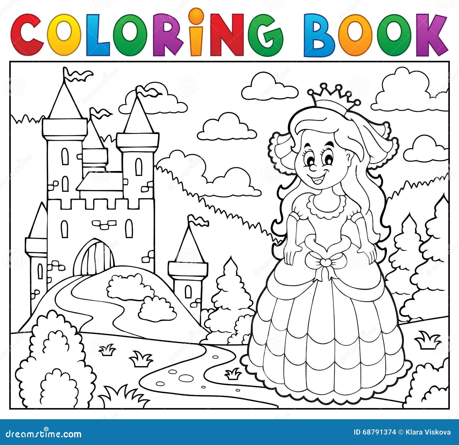 Coloring book happy princess near castle stock vector