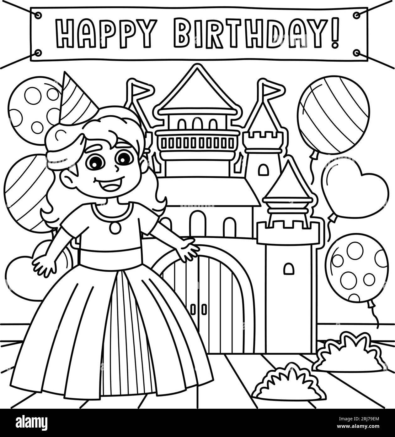 Happy birthday princess coloring page for kids stock vector image art