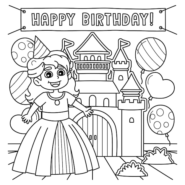 Premium vector a cute and funny coloring page of a happy birthday princess provides hours of coloring fun for children color this page is very easy suitable for little kids and