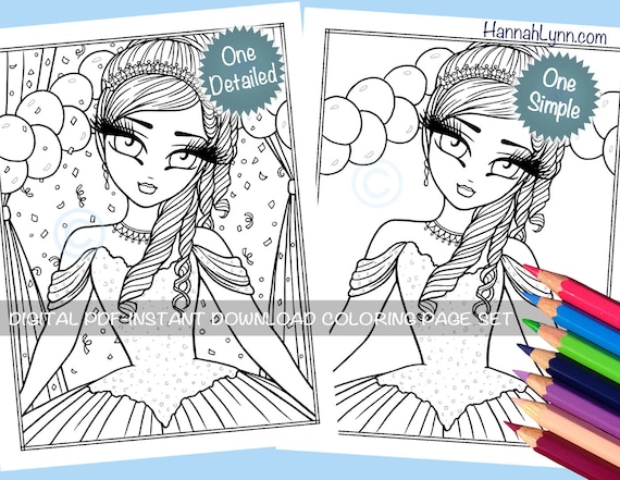 Quinceaãera coloring page set happy birthday princess adorable party whimsy girl character line art hannah lynn