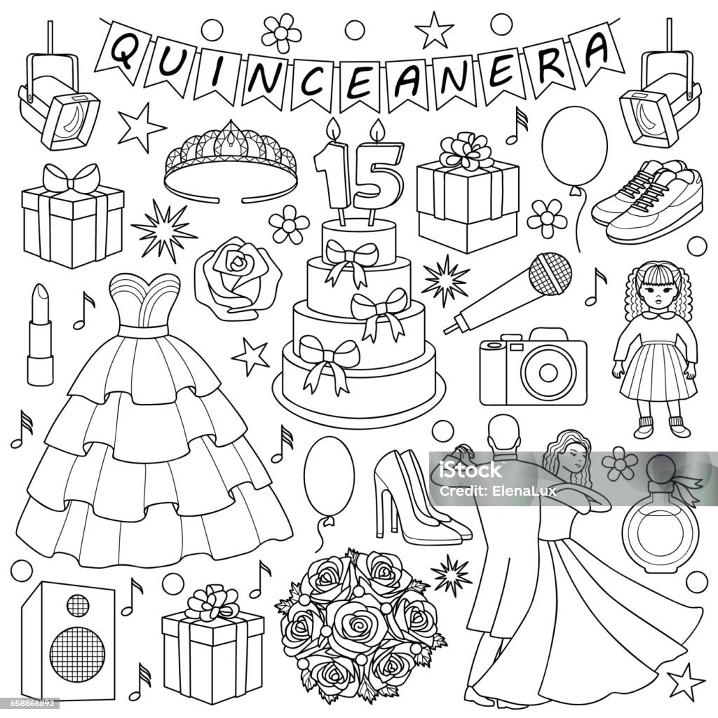 Quinceanera doodle set stock illustration