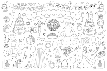 Premium vector girl doodle set objects and elements for birthdays quinceanera party and graduation ball