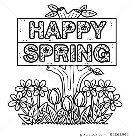 Happy spring banner isolated coloring page