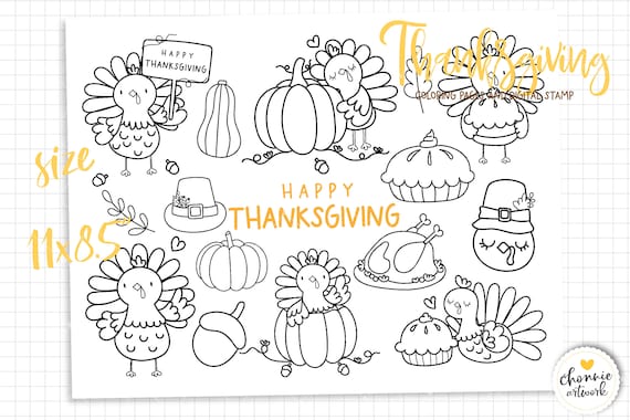 Happy thanksgiving with cute turkey coloring pages thanksgiving digital stamps thanksgiving svg thanksgiving clipart