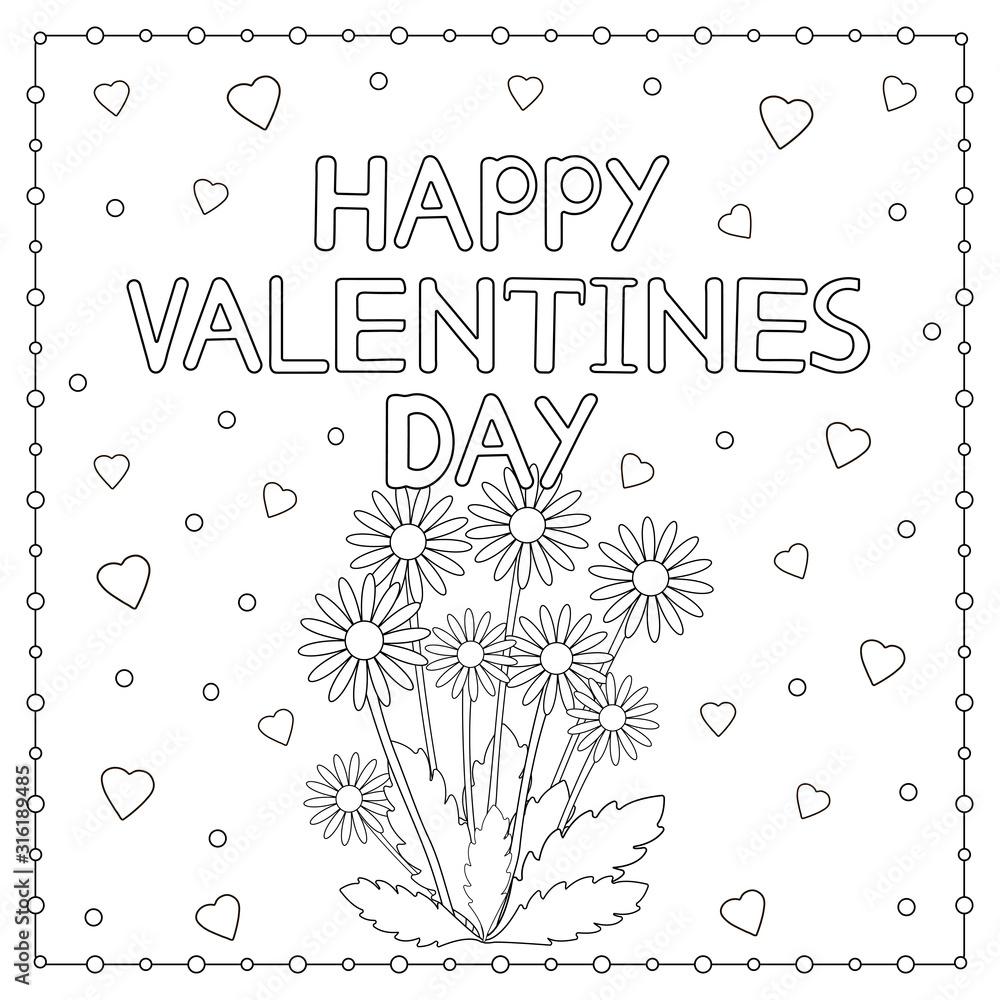 Happy valentine day card with flowers and hearts coloring page vector