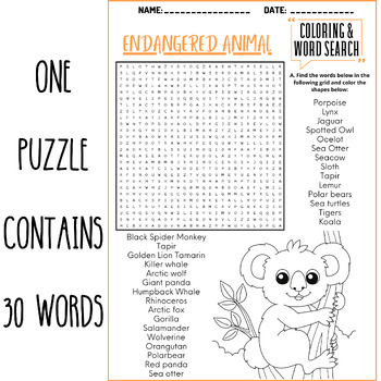 Endangered animal coloring word search puzzle worksheets activities