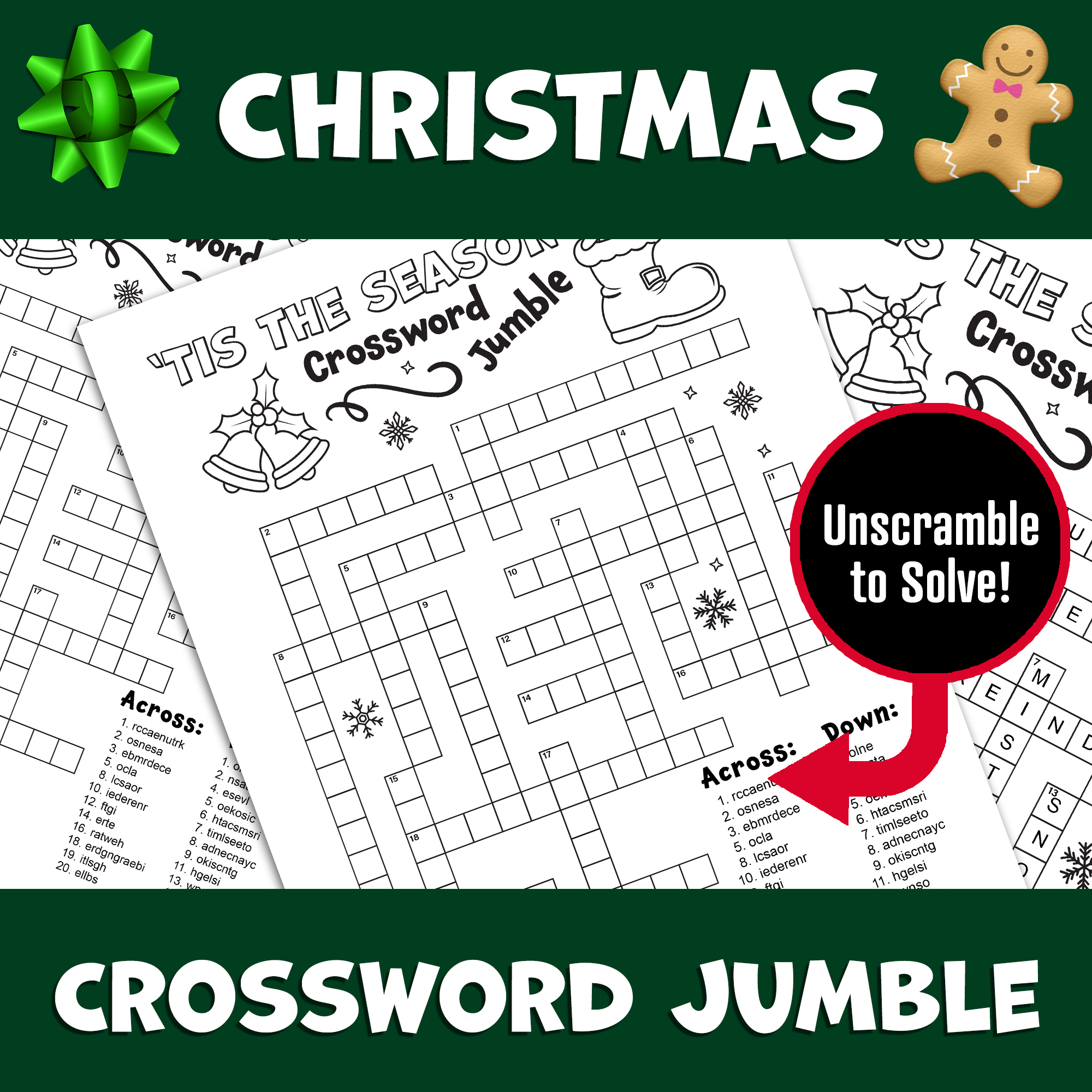 Christmas crossword puzzle word scramble winter word game word unscramble made by teachers